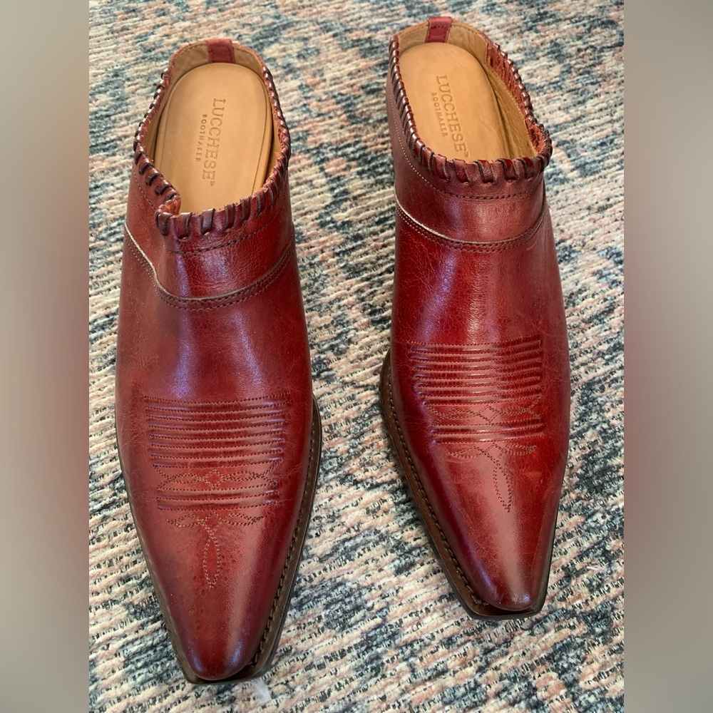 Lucchese mules, worn once indoors.